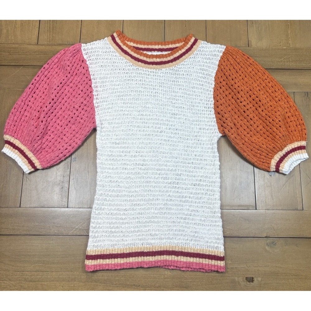 Fate Retro Colorblock Puff Sleeve Knit Womens Sweater Varsity Boho Cottagecore S